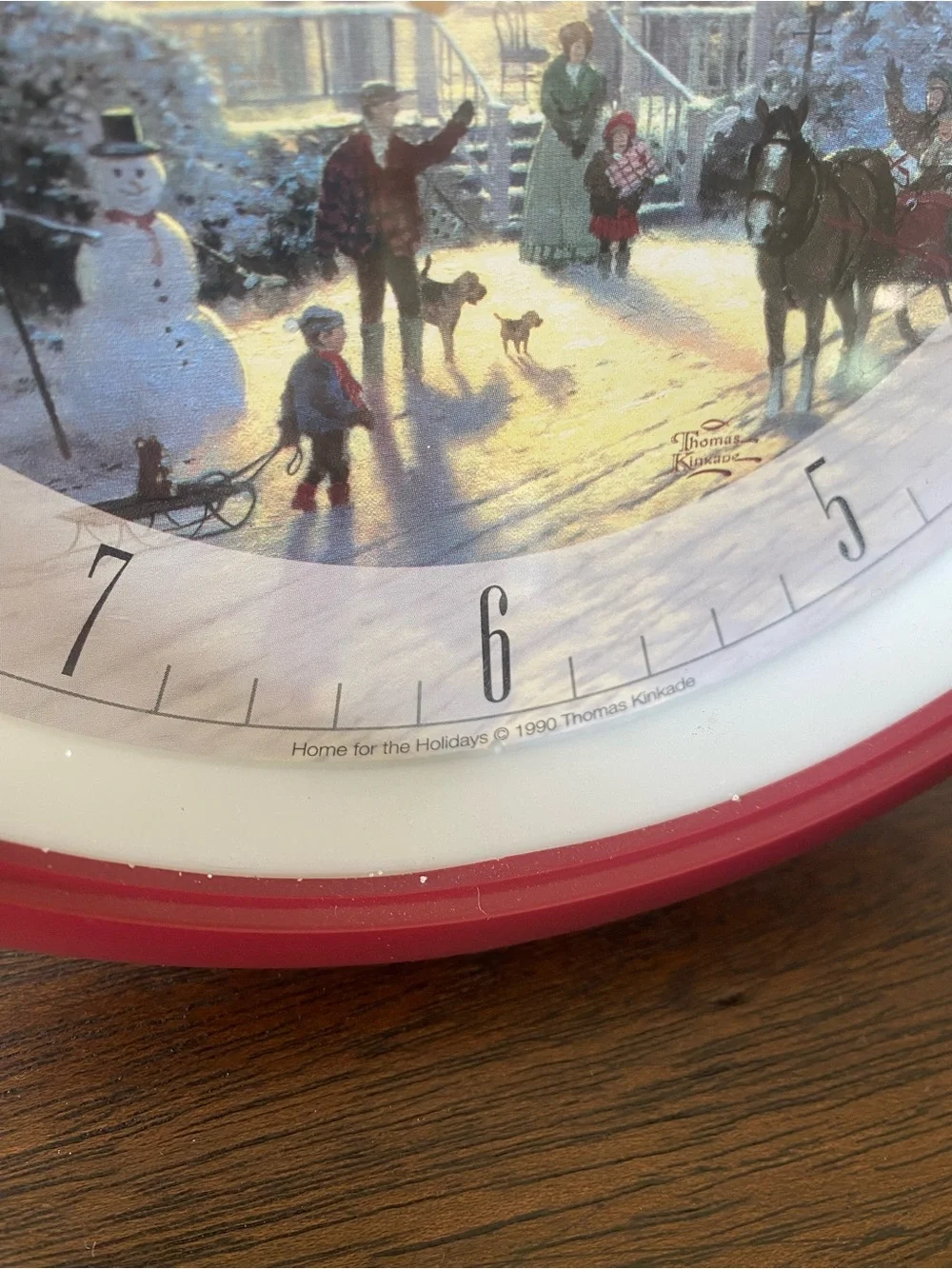 Thomas Kinkade Red Wall Clock with Winter Village Scene